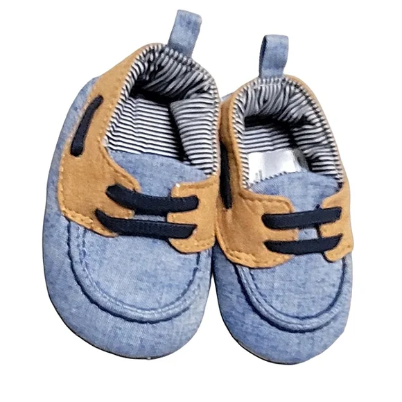 Target Brown & Blue Baby Boy Boat Crib Shoes w Faux Laces sz 3-6 Months - Picture 2 of 8